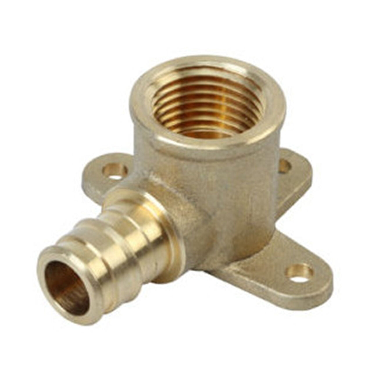 The Go Build 1/2 in. PEX x FPT Drop Ear Elbow features a threaded top opening, ribbed hose connection for PEX pipe, and a flat base with two mounting holes for secure installation. Brand: The Fastest Way To Build.